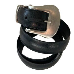 Black Faux Leather Belt Stitching Detail Adjustable Silver-Tone Buckle